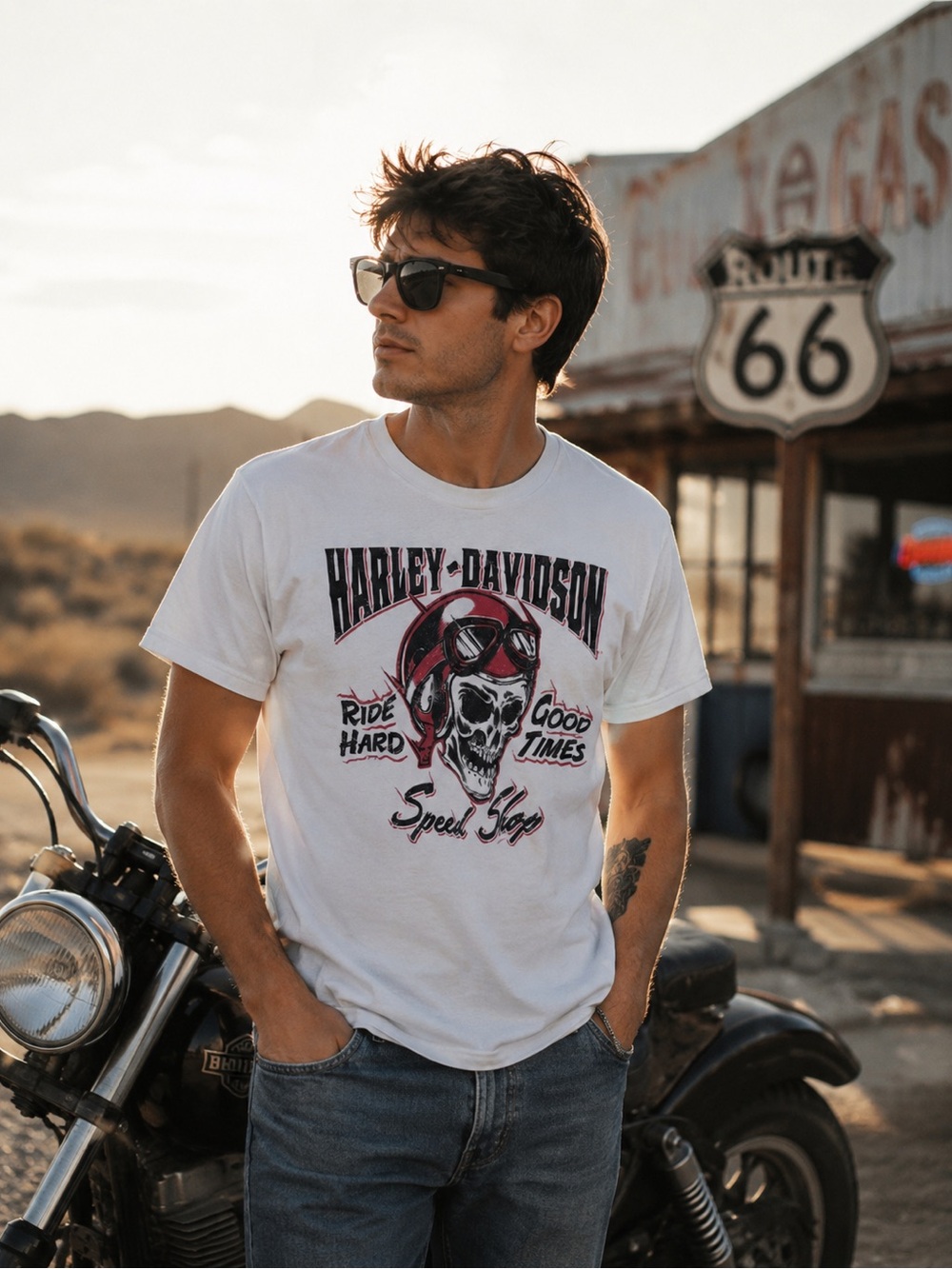Harley-Davidson White Tee with Black and Red Skull Graphic